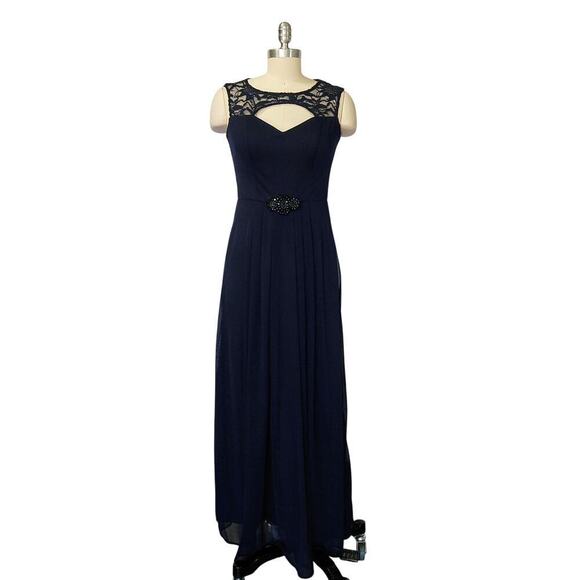 Vintage 90s Y2K Prom Dress Maxi Gown Size 6 Navy Blue Lace Formal Embellished - Picture 2 of 10